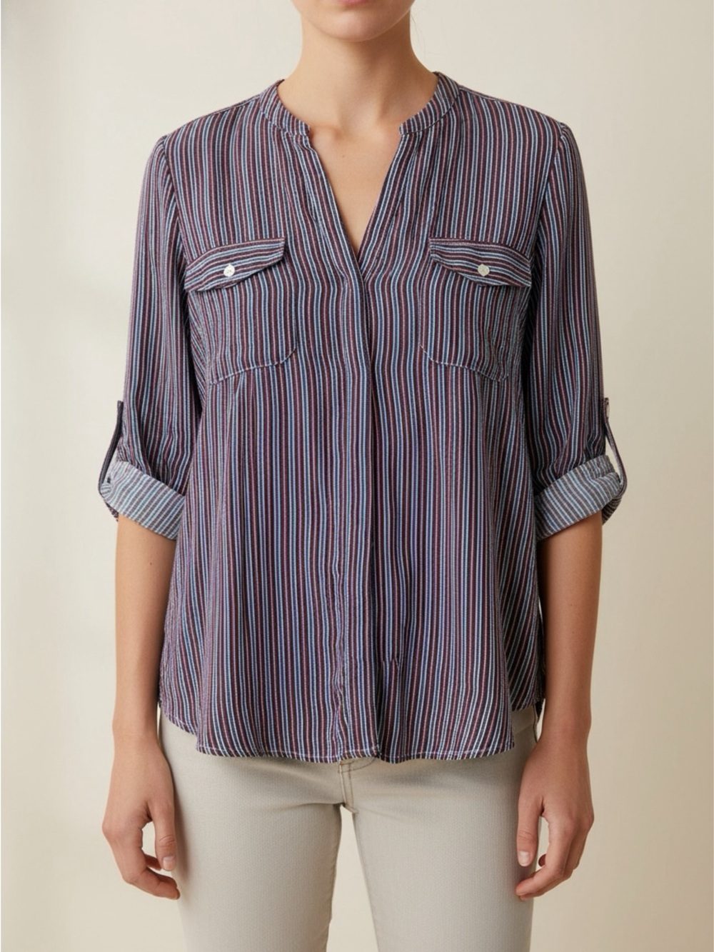 Striped Split-Neck Roll-Sleeve Women's Blouse - Blue & Maroon